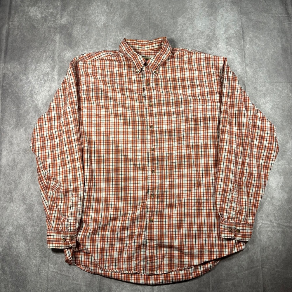 Vintage Eddie Bauer Mens XXL Tall Plaid Button Down Shirt Orange Cotton 90s